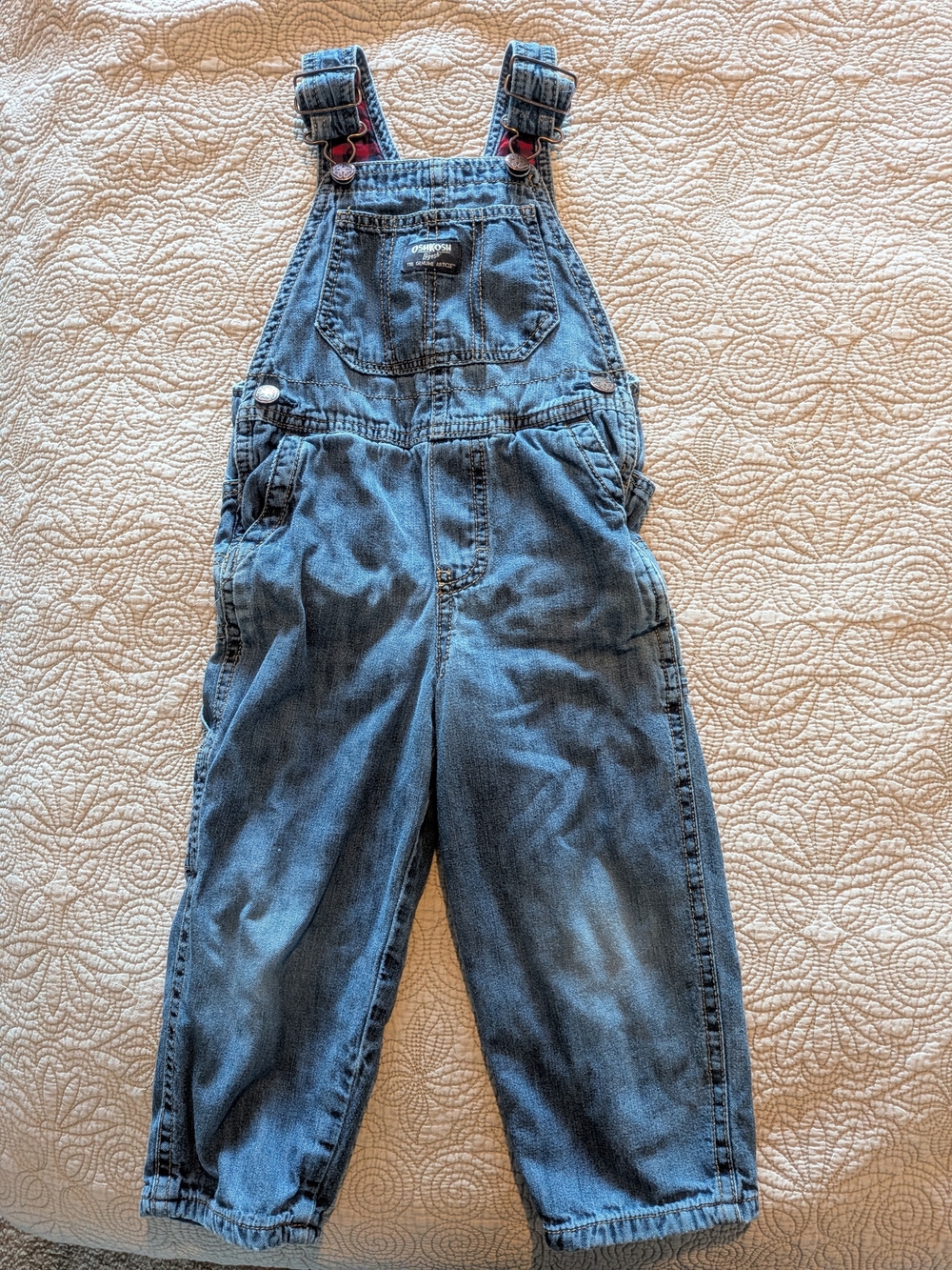OshKosh B'gosh Blue Denim Overalls with Red & Black Plaid Lining 3T